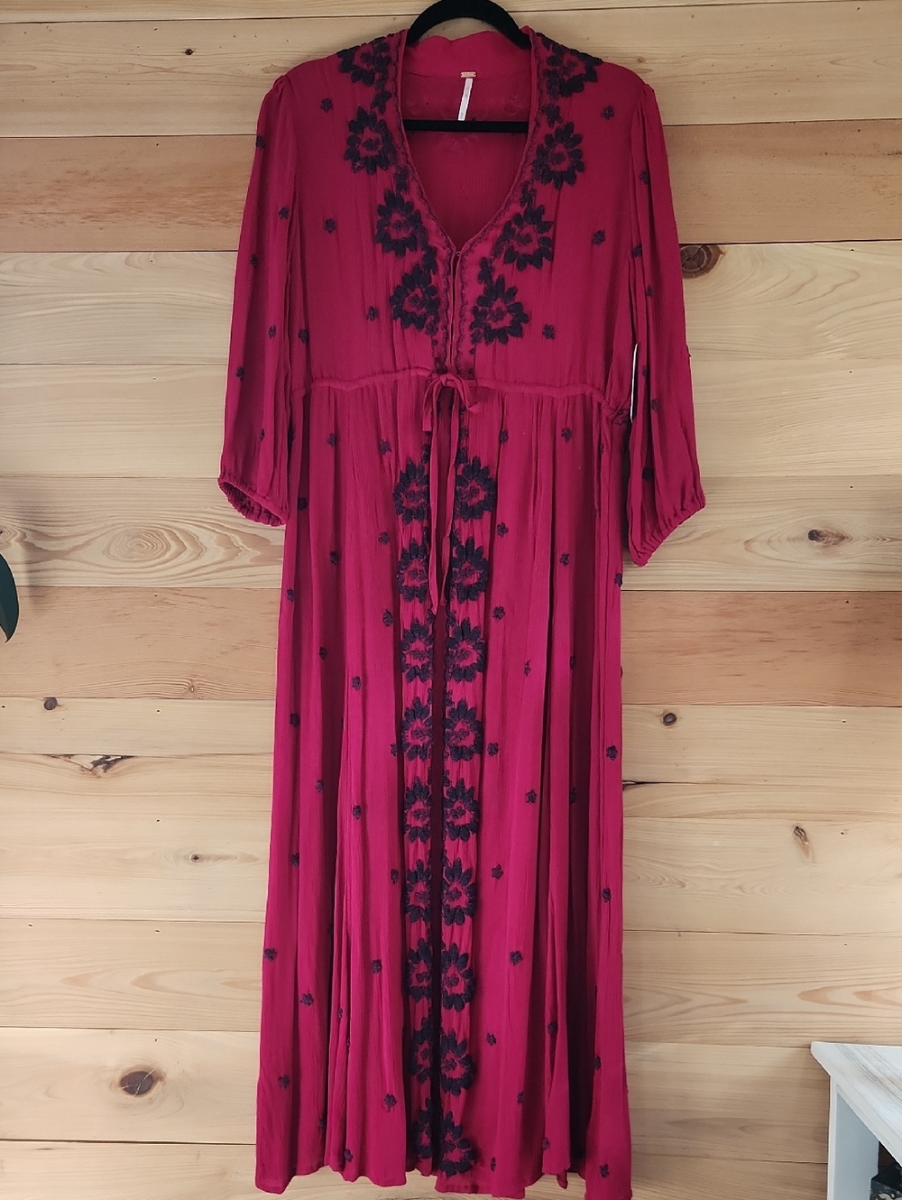 Free People Maxi Dress Pink with Navy Blue Embroidery